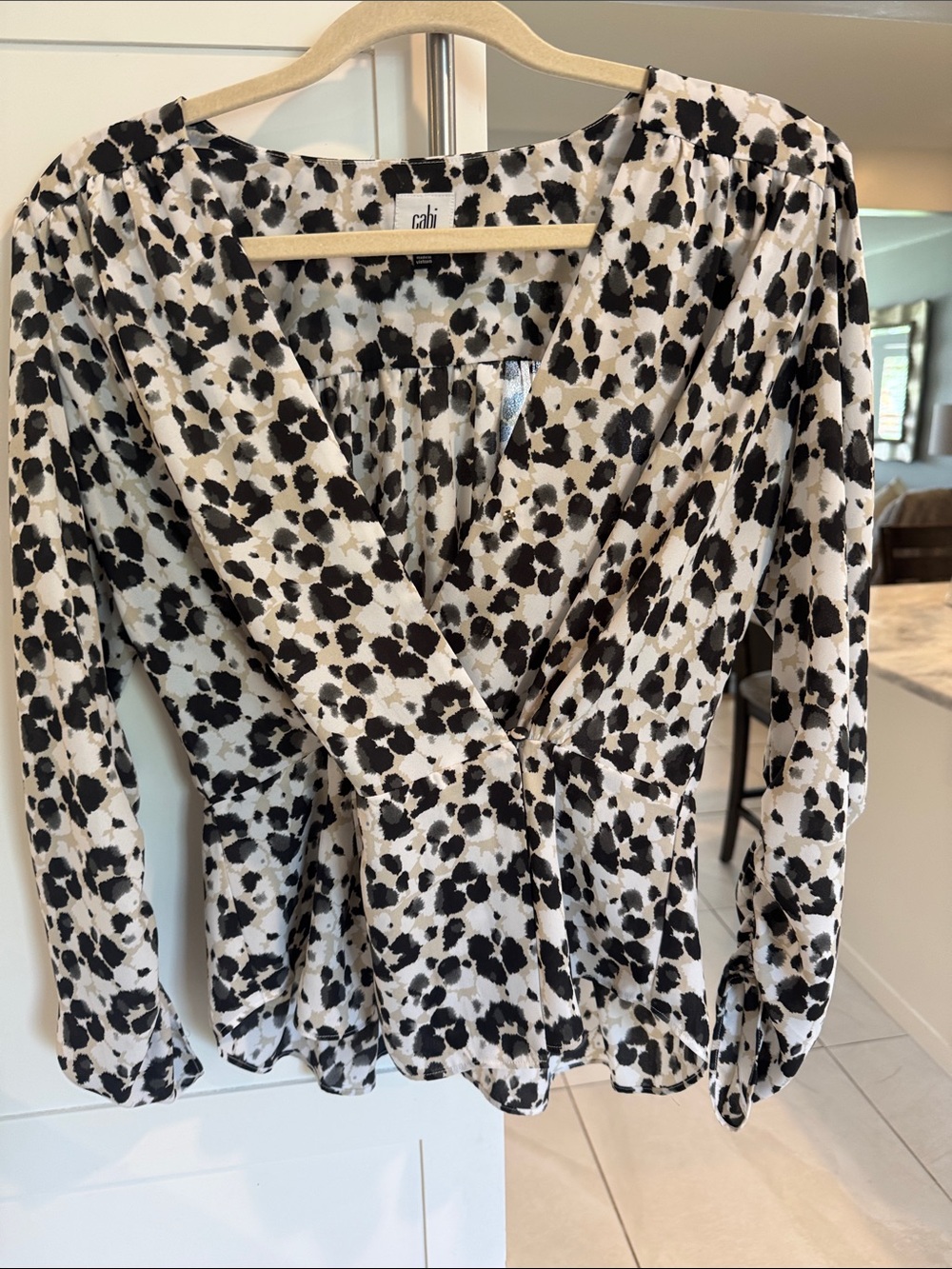 CAbi Black and Cream Spot-Print Wrap Blouse